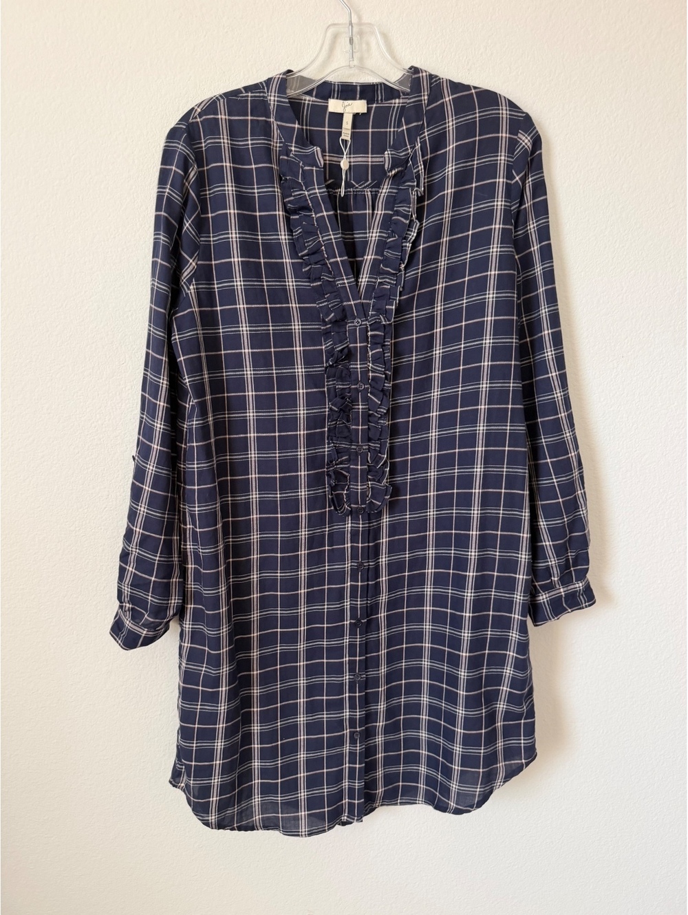Joie Long Sleeve Ruffled V-Neck Button Up Plaid Shirt Dress Women's Size S